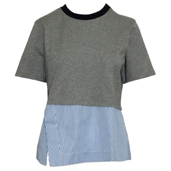 Carven Grey T-shirt Blouse Two In One with Pinstripe Flared Hem Dressy Casual XS - Picture 1 of 8